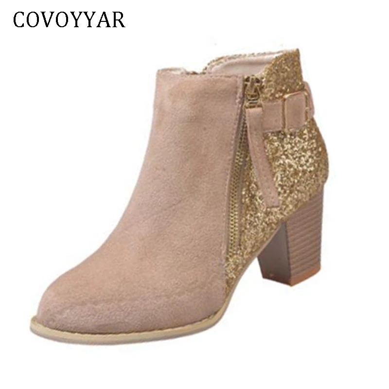 

COVOYYAR 2018 Women Boots Bling Side Zip Lady Ankle Boots Block Heel Booties Flock Mixed Color Autumn Winter Shoes Woman WBS447