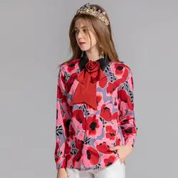 Новый конструктор Потрясающие Европейский леди высокое качество Prairie Chic блузка воротник-бант с цветочным принтом плюс Размеры Для женщин
