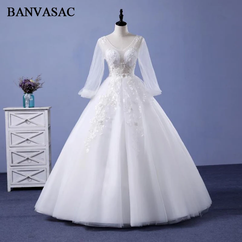 

BANVASAC 2018 Real Photos Crystals Ball Gown Wedding Dresses Lace Appliques Long Sleeve Sequined Plus Size Bridal Dresses