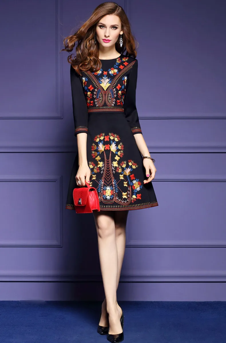Вышитое Платье женское черное мексиканское Платье Бохо шикарные платья Женская туника бохо стиль платья C555