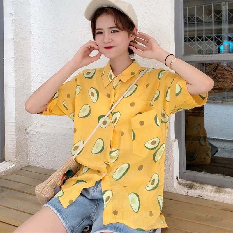 

2019 Summer Beach Short Sleeve Turn Down Collar Blouse Women Shirt Fruit Print Shirts Women Blouses Couple Casual Loose Blusas