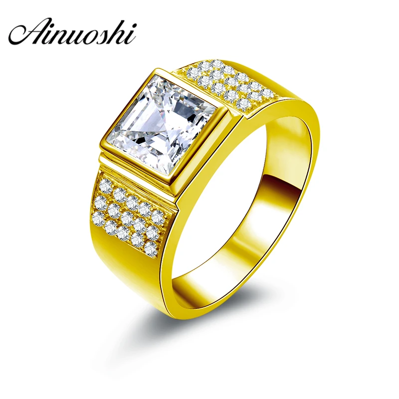 

AINUOSHI Luxurious 10K Solid Yellow Gold Men Ring Wide Square Ring Engagement Wedding Male Jewelry 7.8g Generous Wedding Band