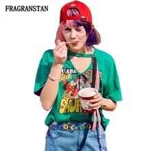 Женская весенне-летняя новая зеленая Повседневная футболка с v-образным вырезом женские модные милые футболки с мультяшным принтом женские свободные высококачественные Топы JQ656