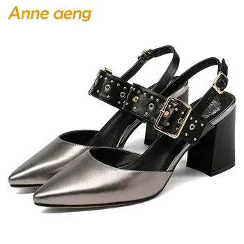 

2019 New Summer Genuine Leather Women Sandals High Square Heel Pointed Toe Buckle Mixed Colors Fashion Sexy Ladies Women Shoes