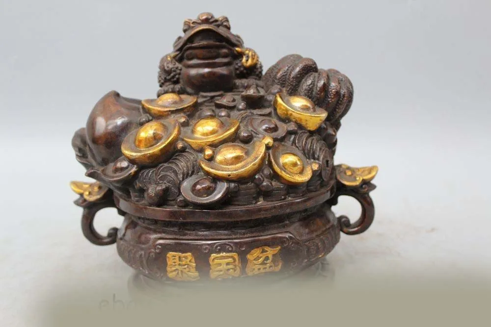 

DS 10" Chinese Bronze Gild Wealth Money peach Golden Toad Spittor treasure bowl