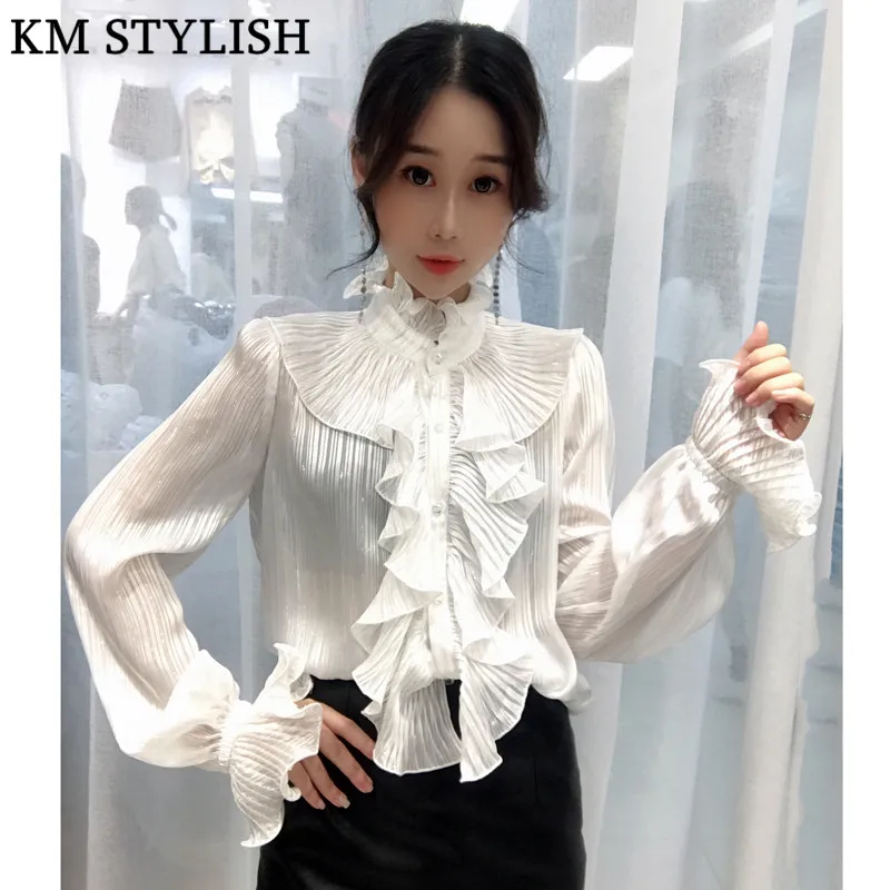 

2019 Spring New Women's Loose Retro Court Princess Blouse Ruffled Pleated Stand Collar Trumpet Sleeve Black White Women Shirt
