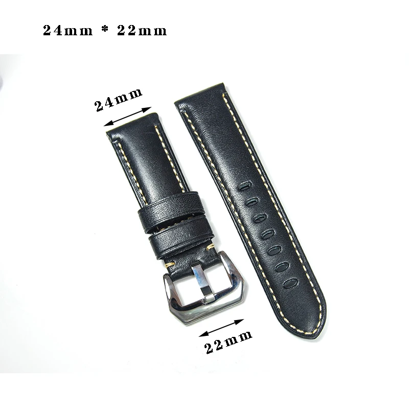 

24mm Black Vintage Calfskin Leather High Qualty Genuine Leather Watchband Watch Strap