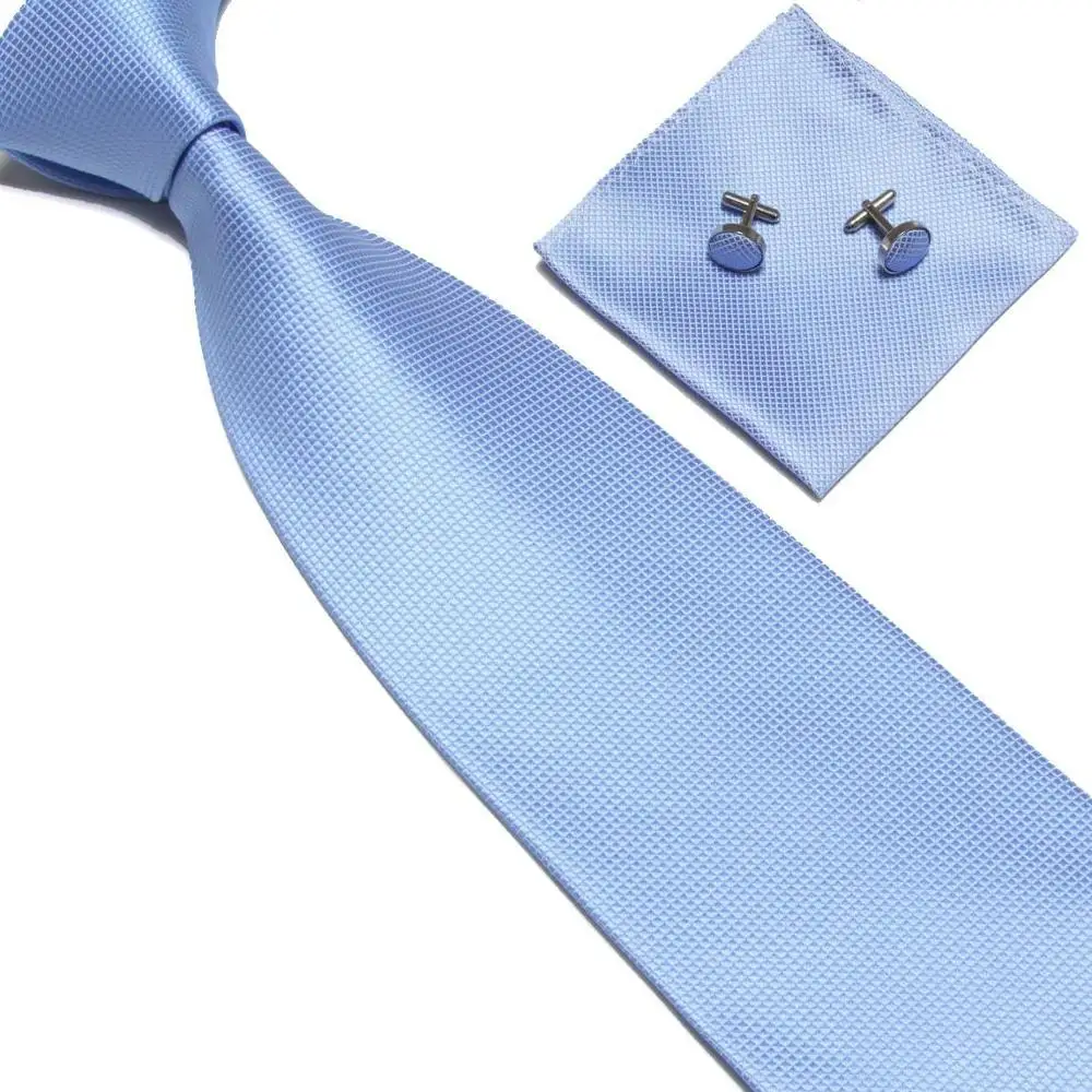 HOOYI сплошной цвет синий мужской деловой шейный галстук набор галстук носовой платок запонки - Цвет: Светло-голубой