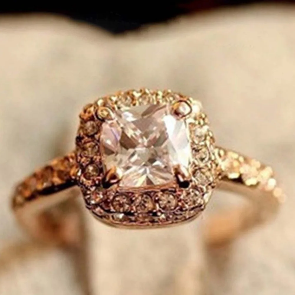Engagement Crystal Bridal Rings Gold Color Wedding Rings Square
