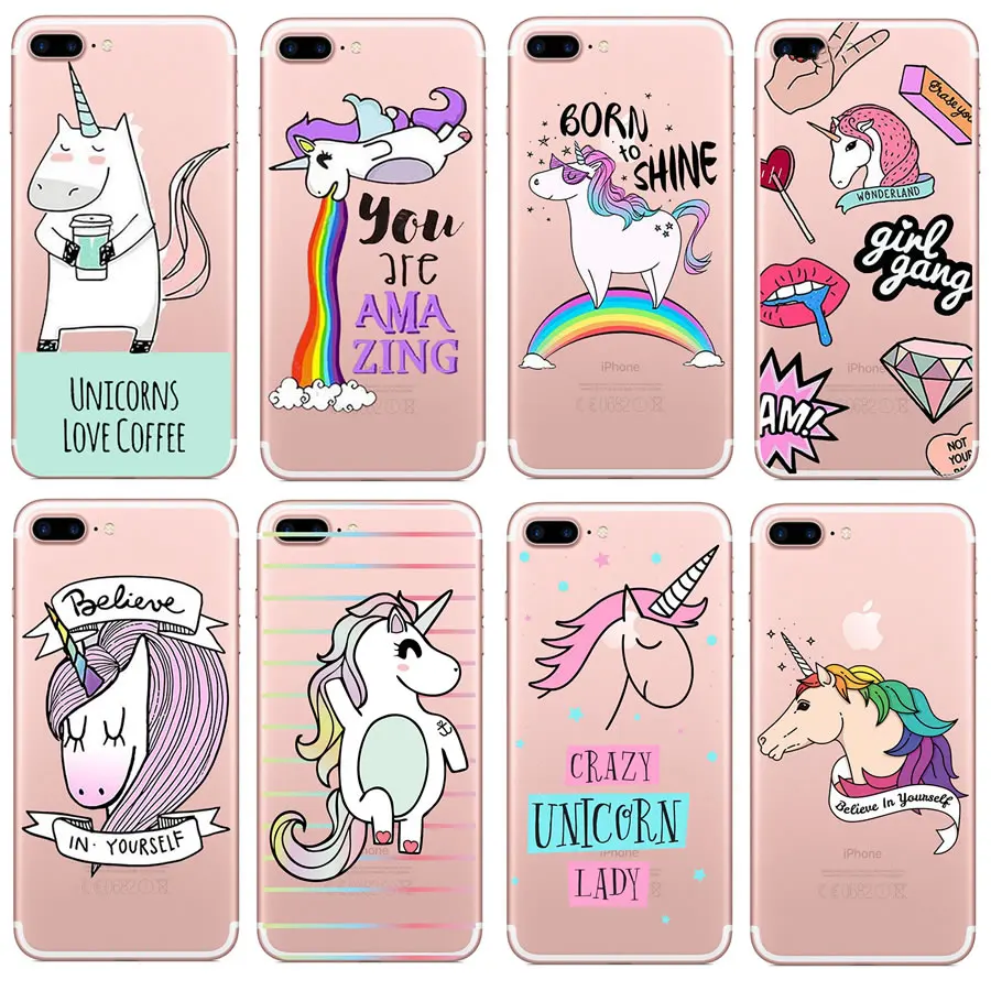 

For Capinha iphone 7 Case Cute Unicorn Soft Silicon Case Cover for iPhone On 7 6 6S 8 Plus 5S Se X XR XS MAX Transparent Fundas