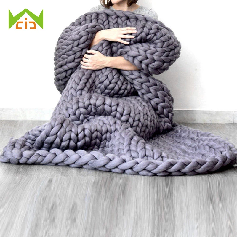 

WCIC Knitting Throw Blankets Photography Props Thick Yarn Merino Wool Bulky Fashion Giant Yarn Hand Chunky Wool Knitted Blanket