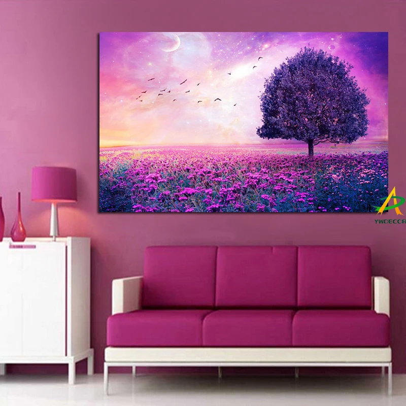 Purple Romantic Tree Birds Landscape Abstract Canvas