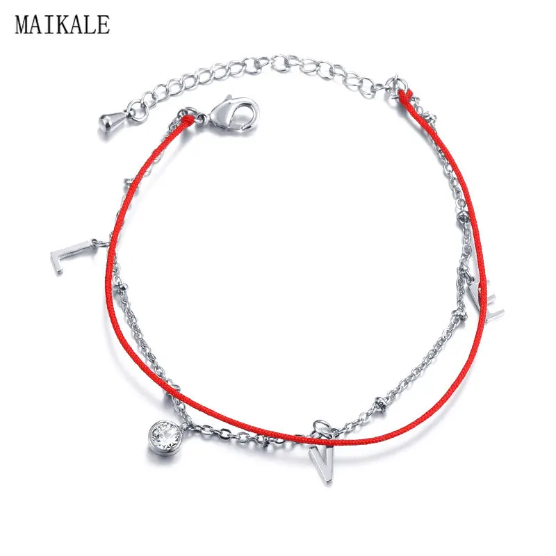 

MAIKALE Simple Red Rope Bracelet Round Cubic Zirconia Handchain Friendship Bracelets Bangles for Women Wedding Jewelry Gift