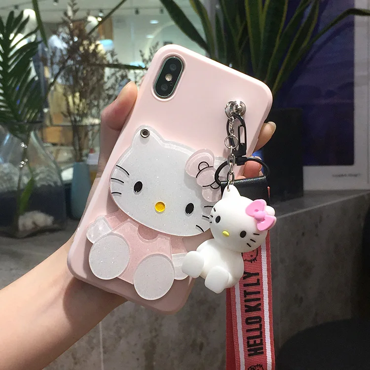 

3D Cartoon Mirror Hello Kitty Soft Cases stander+Strap For Fundas For Samsung galaxy C10 C8 J7plus NOTE 8 J7 MAX J7 Prime C9