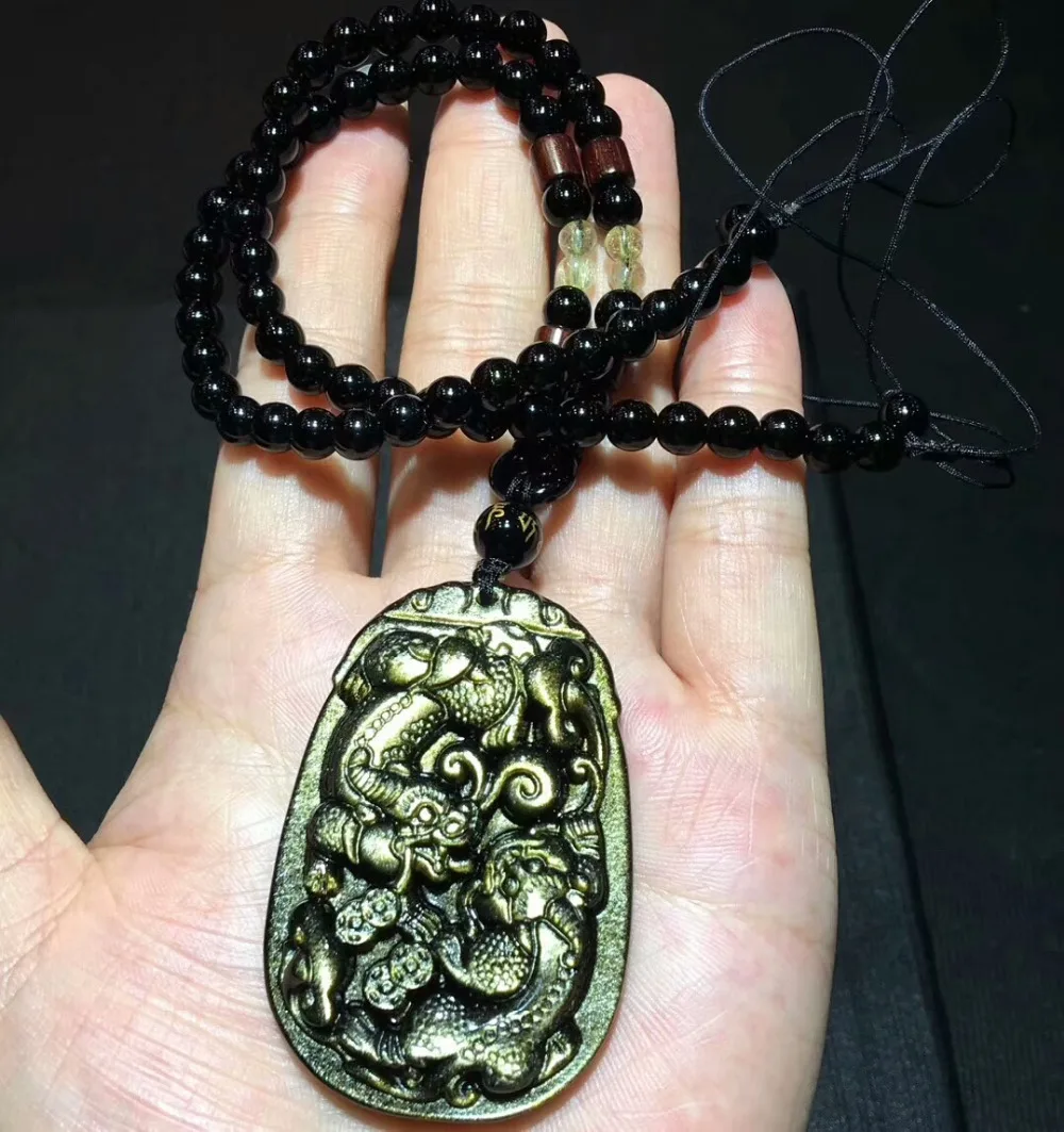 Genuine Natural Gold Obsidian Gemstone Pendant Gold Flash Women Man Pi Xiu Shape Crystal Pendant 59x40x13mm AAAAA (6)