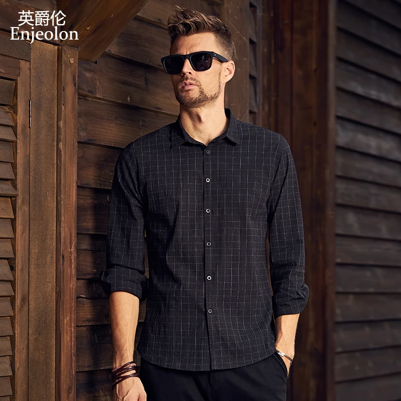 

Enjeolon Brand Fall Autumn Camisa Masculina Shirt Men Black Plaid 3XL Shirts Blouse Cotton Long Sleeve Casual Shirt Men CX2336-1