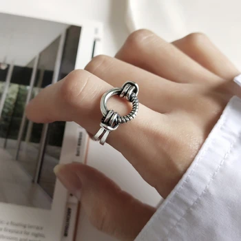 

925 Sterling Silver Retro Geometric Frame Hipster Ring Truth Revealed Forged Knot Karma Recycled Hollow Circle Ring
