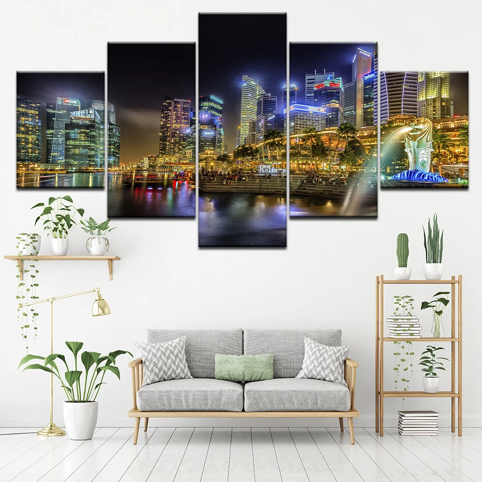 Canvas Painting landscape city of Singapore night lights 5 Pieces Wall