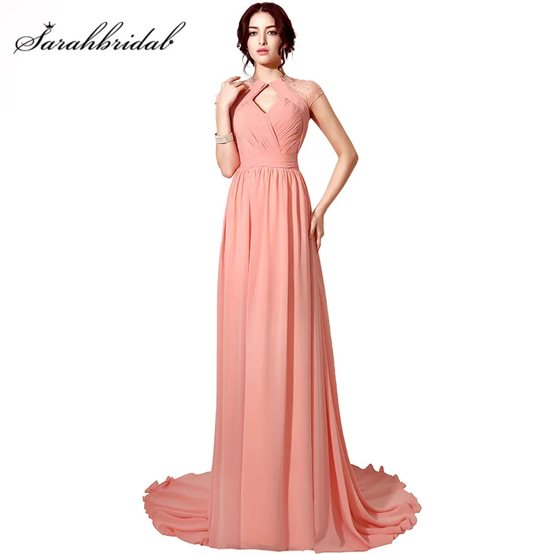 

Sexy Backless Long Evening Dresses For Women Coral Chiffon Sweep Train Pleats Keyhole Neck Prom Gowns Beaded SD201