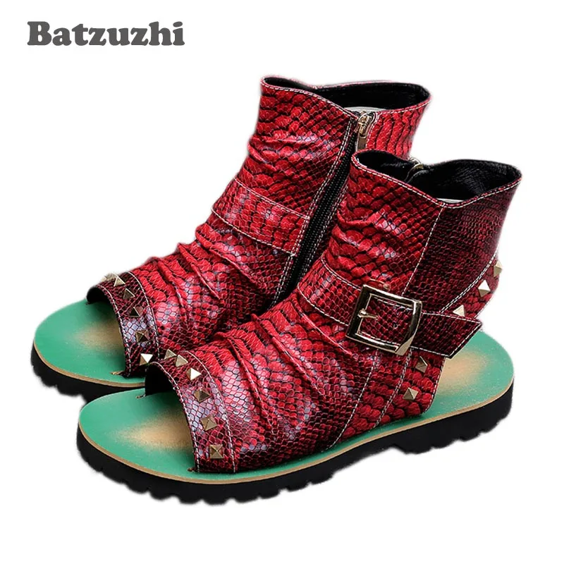 

BATZUZHI Fashion Black Men Summer Sandal Boots Leather Gladiator Open Toe Sandalias Mens Beach Shoes Chaussure Homme, US12 EU46