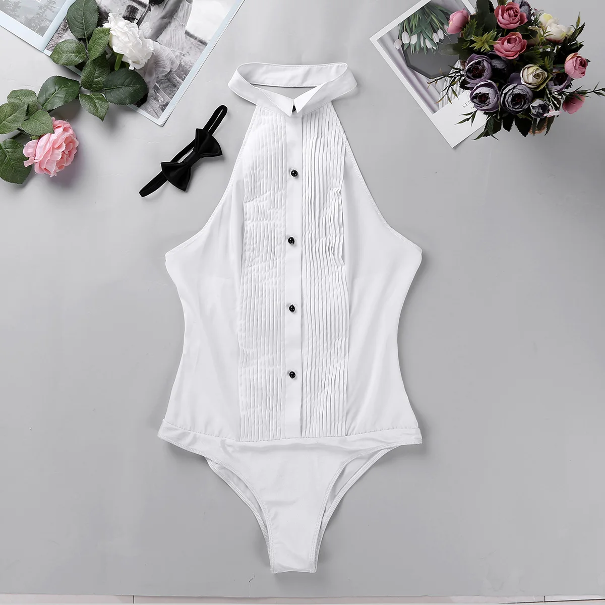 Elegant Bodysuits Women Office Lady White Body Shirt Sleeveless  Wing Tip Collar Backless Tuxedo Shirt Bodysuit with Bow Tie black body suit