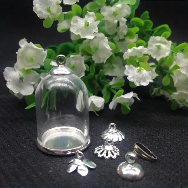 

100sets/lot 25*18mm glass globe silver color ordinary base tray beads cap set vials jewelry bottle sample jars pendant findings