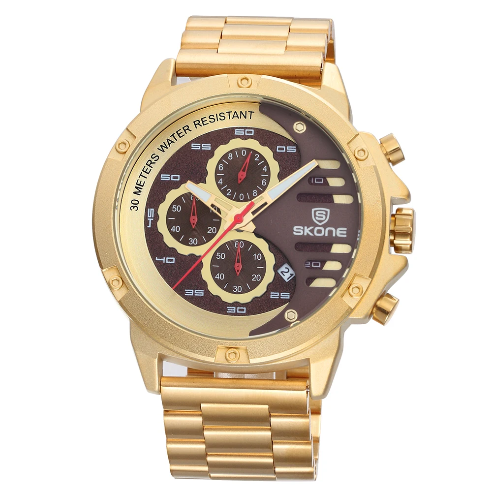 

Skone new sport Brand Men's Watches Gold Black Stainless Steel Chronograph Quartz Clock Male Famous Design Business Watch Man