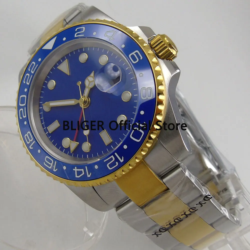 

Sapphire Crystal BLIGER 40mm Blue Sterile Dial Ceramic Bezel GMT Function Luminous Gold Plated Automatic Movement Men's Watch