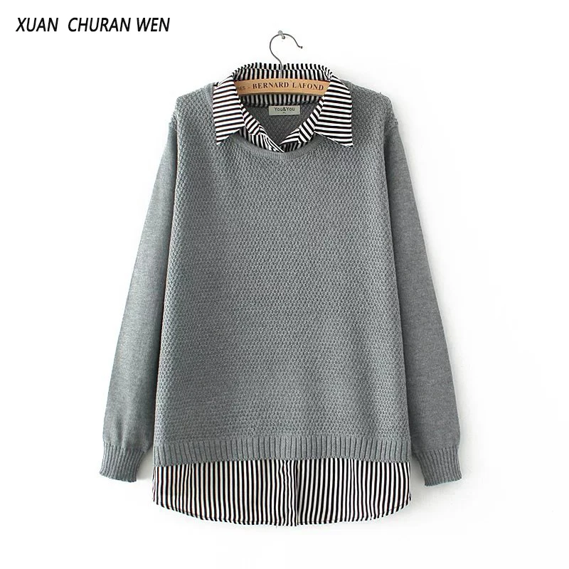 

XUANCHURANWEN Women Autumn Knitwear Turn Down Collar Patchwork Faux Two Piece Long Sleeve Sweater Loose Knitwear YY54