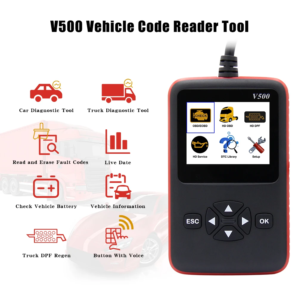 V500 считыватель кодов 12 В/24 В для автомобилей и грузовиков OBD 2 OBD2 автомобильный диагностический инструмент для J1939 тяжелых грузовиков EOBD PK ELM 327 V1.5