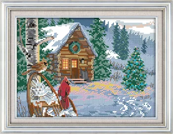 

Joy Sunday Winter cabin in snow DMC Counted Chinese Cross Stitch Kits printed Cross-stitch set Embroidery Needlework