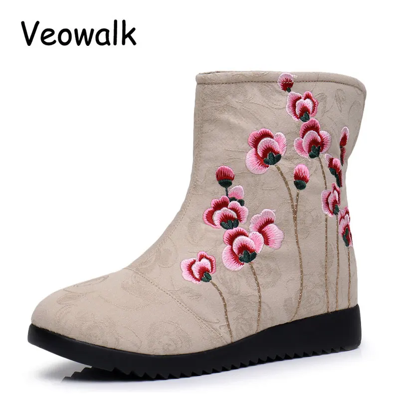 Veowalk Flowers Embroidered Women Casual Cotton Fabric Short Ankle