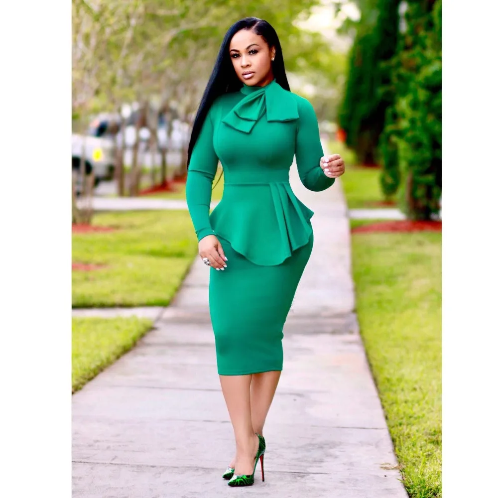 

2018 Women fashion dress red O-neck Winter Long dress women Sleeve Mid Calf Length Ruffles Pencil Dresses s-xl