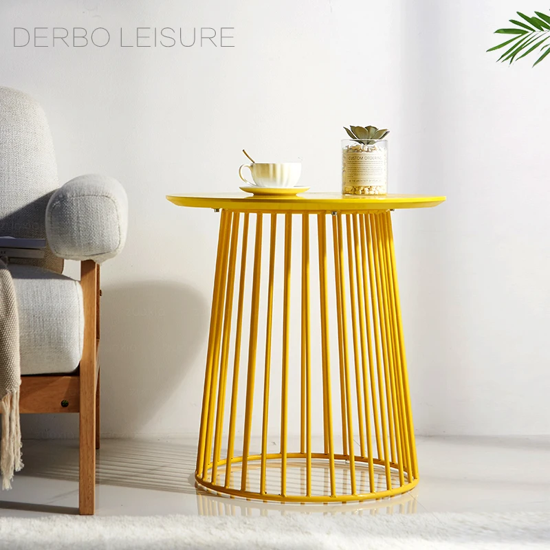 

Fashion Modern Design Storage Side Table Metal wire Loft wood Steel Round Tea coffee Table popular sofa corner Cafe Side Table