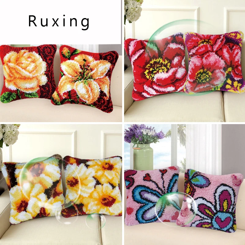 

Embroidery Pillowcase Latch Hook Rug Kits Canvas Decorative Knoopkussen Christmas Pillow DIY Flower Embroidery Cushion Kits
