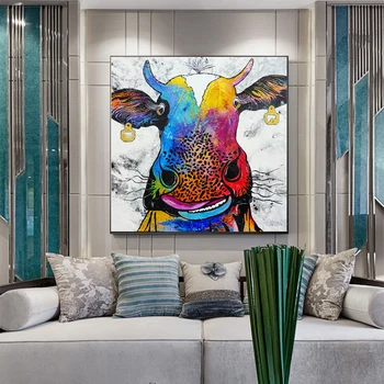 

WANGART Canvas Art Print Poster Abstract Realism Farm Cow Animal Oil Painting Wall Pictures For Living Room Home Decor