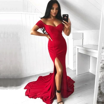 

2019 Sexy Off the Shoulder Slash Neck Mermaid Maxi Dress Split Red Backless Long Dress Black Floor Length Club Dress