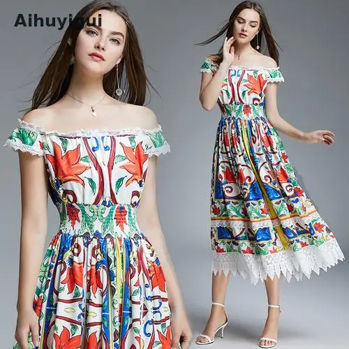 

Aihuyigui 2019 Summer Earthenware Print Water Soluble Dress Word Collar Elastic Waist Slim Off The Shoulder Long Dress Dr471