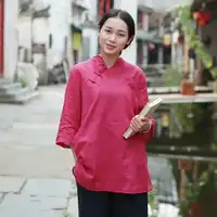 Spring Half Sleeve Blouse Women Tops Cotton Linen Rose Blouses Vintage Shirt Chinese Clothing Blusas Camicia Donna 10441
