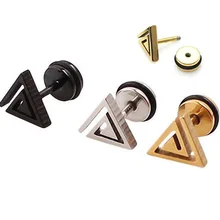 Fashion Punk Color Gold Black Titanium Steel Geometric Triangle Maze Stud Earrings Ear Brincos Jewelry For Men Women