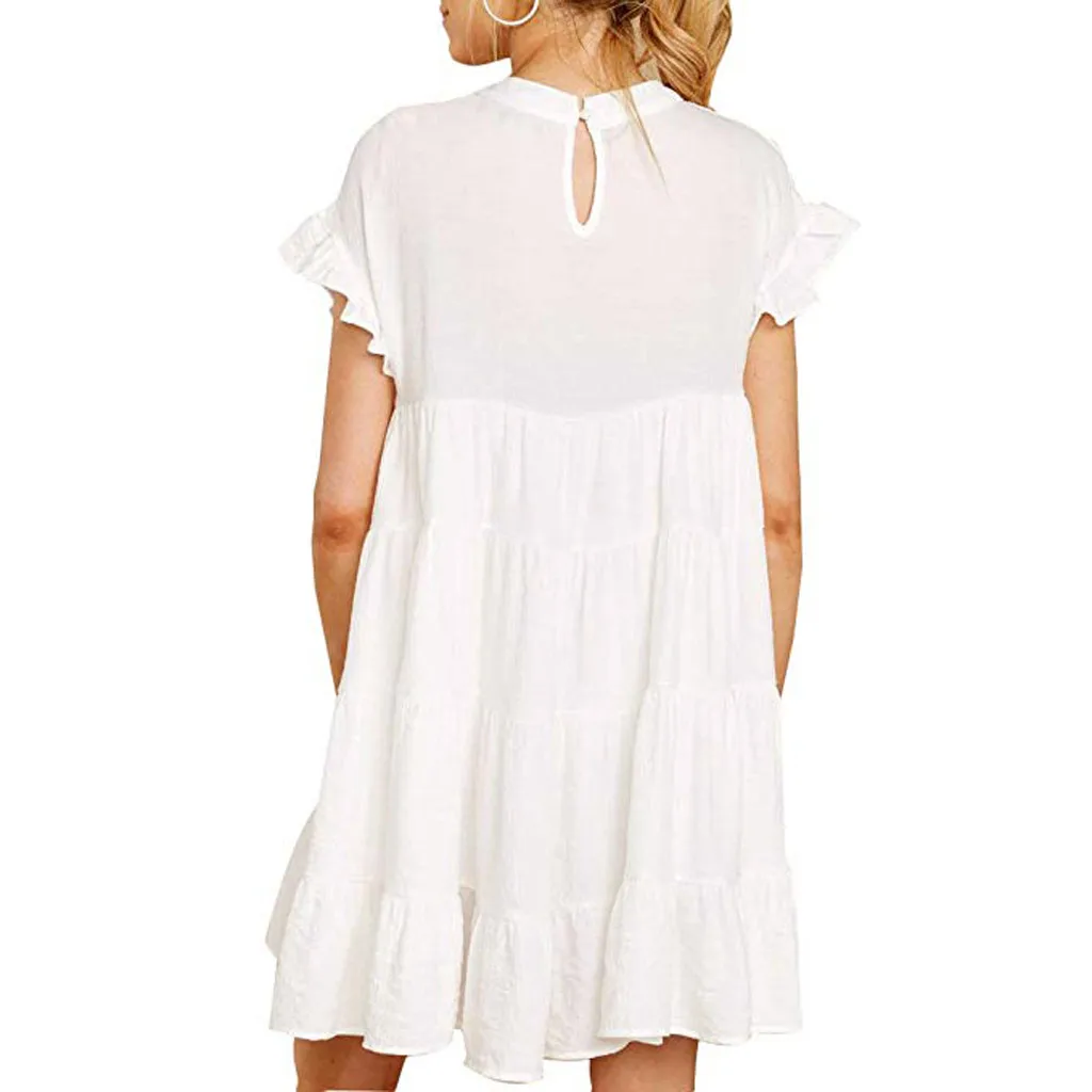 Women Summer Ruffle Sleeve Dress Casual Boho Solid Plain Short Sleeve A-Line Dress Female Loose Swing Party Mini Dress Vestidos