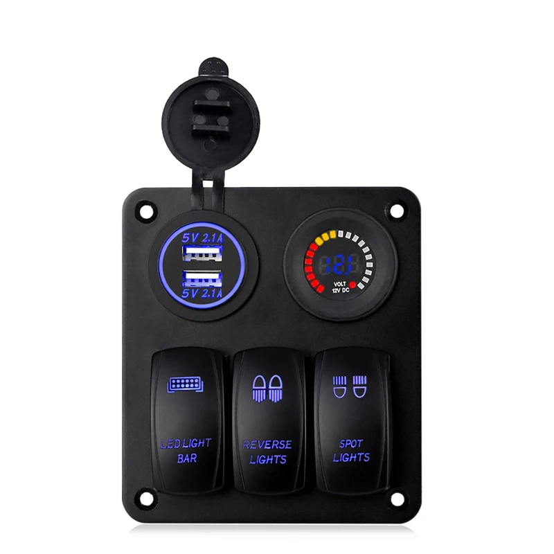 

Waterproof 3 Gang 12v Car Marine Rocker Switch Panel Boat USB Car Socket Panel Circuit Breakers + Dual USB Car Charger + Voltage