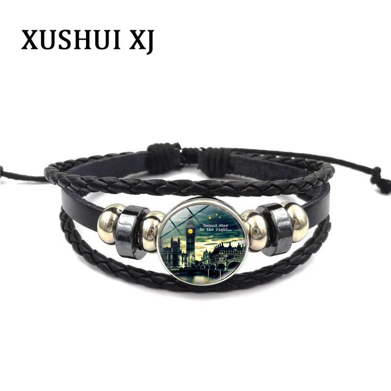 

PETER PAN "Second Star To The Right" Big Ben Glass Charm Bracelet Multi-layer Weave Leather Bracelets Women Peter Pan Jewelry