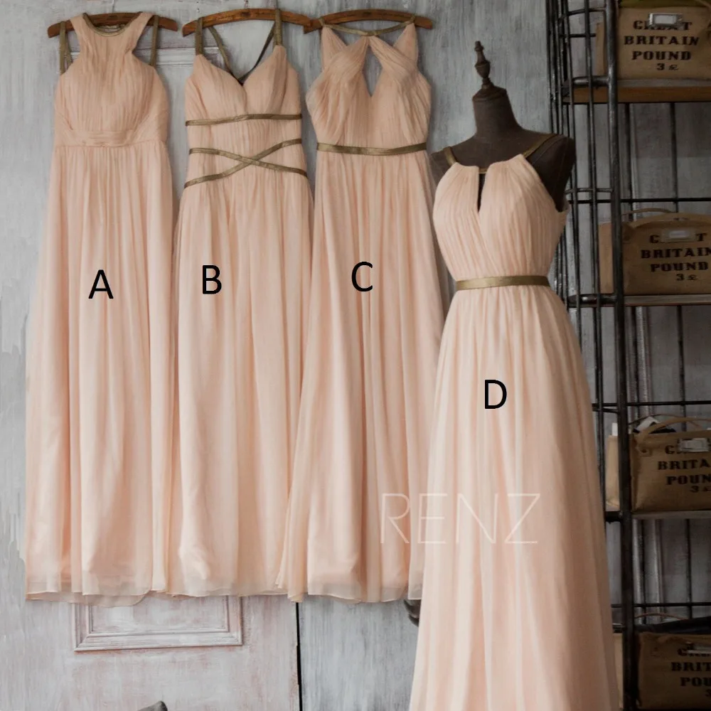 

Summer New Scoop Neckline Long Bridesmaid Dresses 2015 Beach Pleated Chiffon with Ribbons A-line Beach Wedding Party Dress Hot