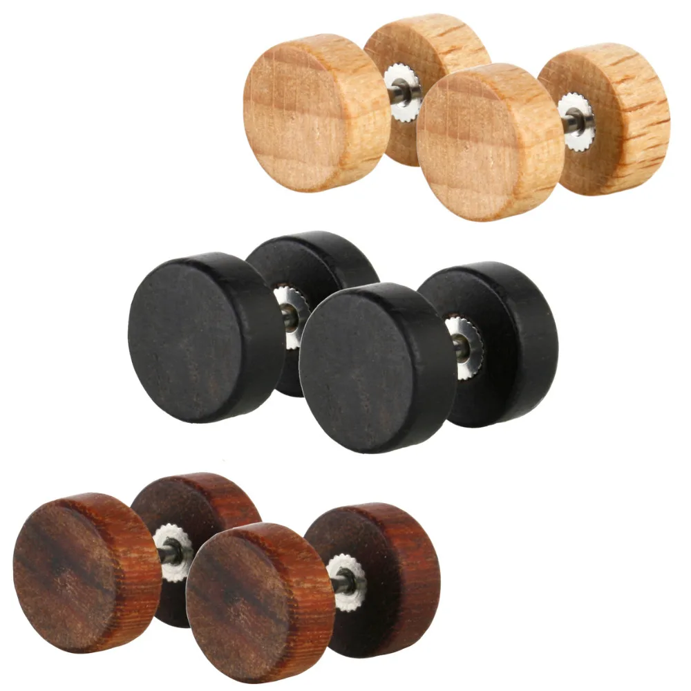 

JewelrieShop Men Earrings Studs Wooden Cheater Fake Plugs 3 Pairs Screw Stud Earrings Set