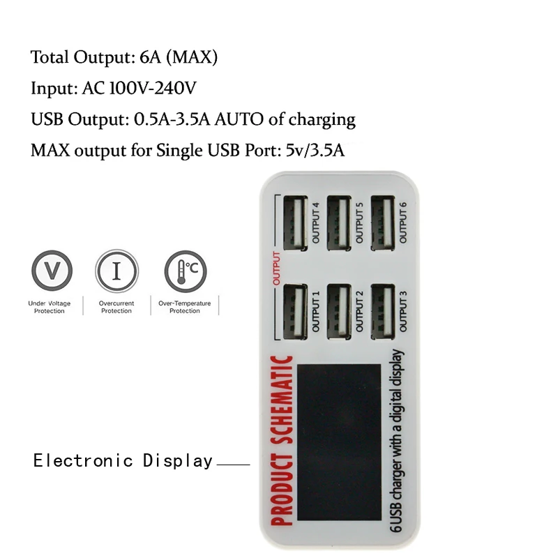 Pаспродажа AIXXCO 6A с ЖК цифровым дисплеем, 6 портов, font b USB b font зарядное устройство, быстрая умная зарядная станция для смартфонов, планшетов, ПК