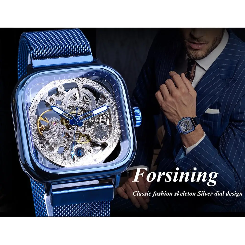 Forsining Blue Watches For Mens Automatic Mechanical Fashion Dress Square Skeleton Wrist Watch Slim Mesh Steel Band Analog Clock