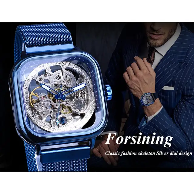 Forsining Blue Watches For Mens Automatic Mechanical Fashion Dress Square Skeleton Wrist Watch Slim Mesh Steel Forsining Blue Watches For Mens Automatic Mechanical Fashion Dress Square Skeleton Wrist Watch Slim Mesh Steel Band Analog Clock