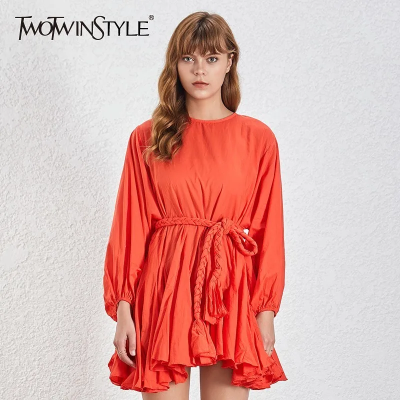 

TWOTWINSTYLE Fashion Summer A Line Dress For Women O Neck Long Sleeve High Waist Sashes Red Mini Dresses Female 2019 New Tide