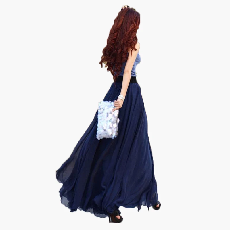 

Elegant Dark Blue Chiffon Long Skirts For Women 2016 Cheap A Line Floor Length Skirts Fashion Maxi Skirts
